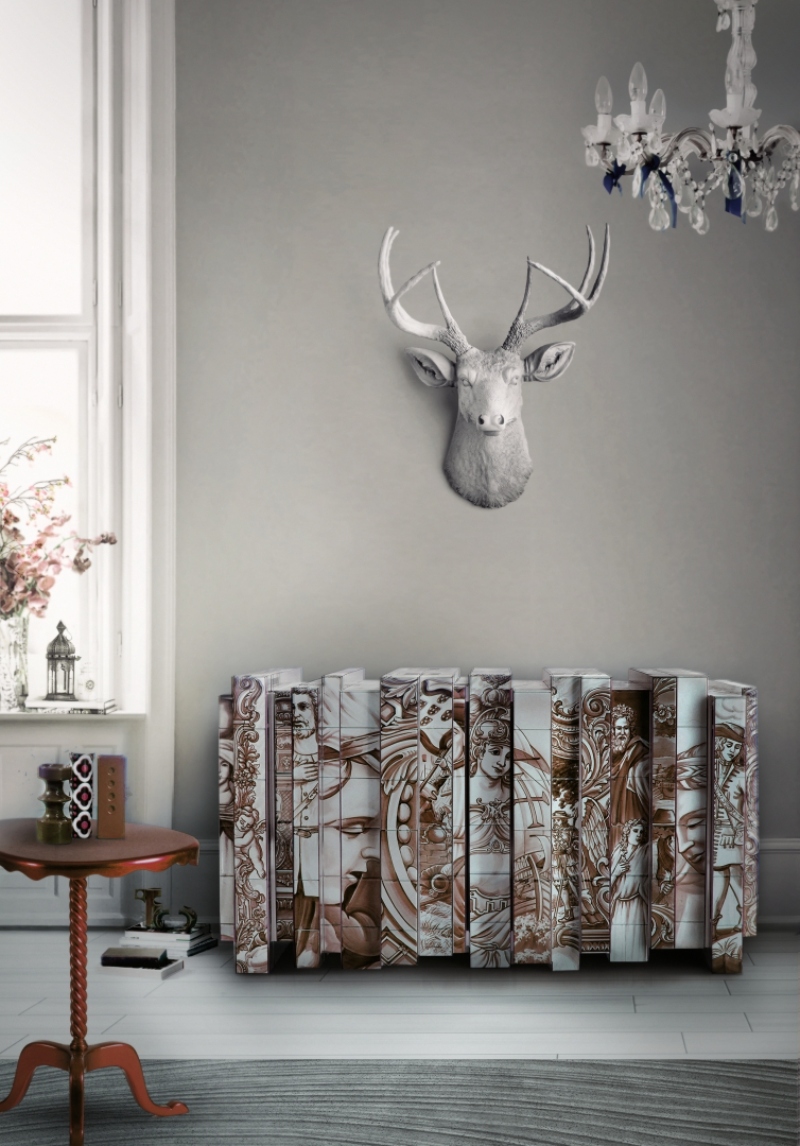 Eclectic Design Entryway with the Heritage Sideboard by Boca do Lobo, a hand-painted furniture piece