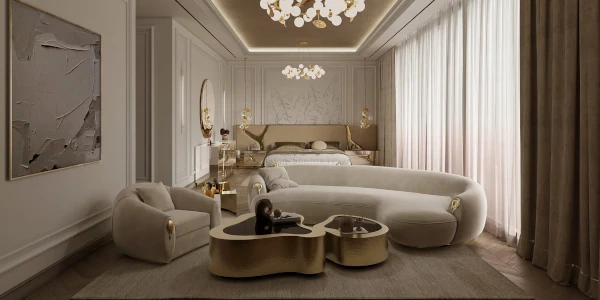 Luxury interior design Dubai bespoke residential living room with Boca do Lobo furniture and high-end materials by Da Terra.